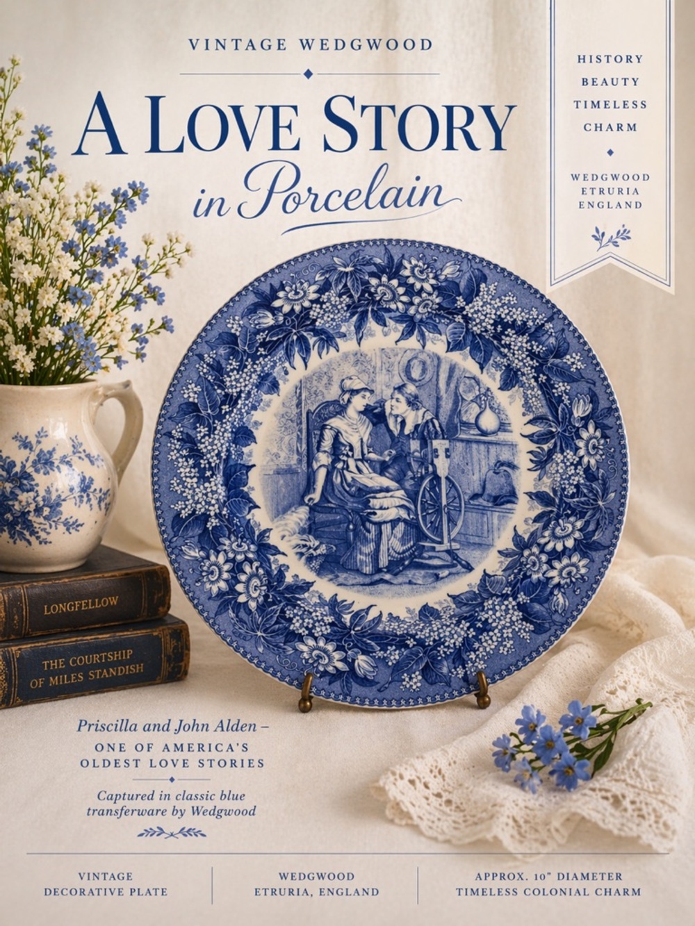 Vintage Wedgwood Priscilla & John Alden Plate Blue Transferware Plate